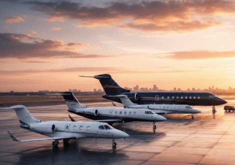 Four private jets parked on an airport ramp at sunset, showing size range from light jet to heavy jet