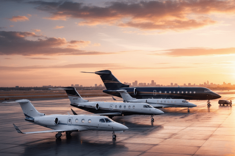Four private jets parked on an airport ramp at sunset, showing size range from light jet to heavy jet